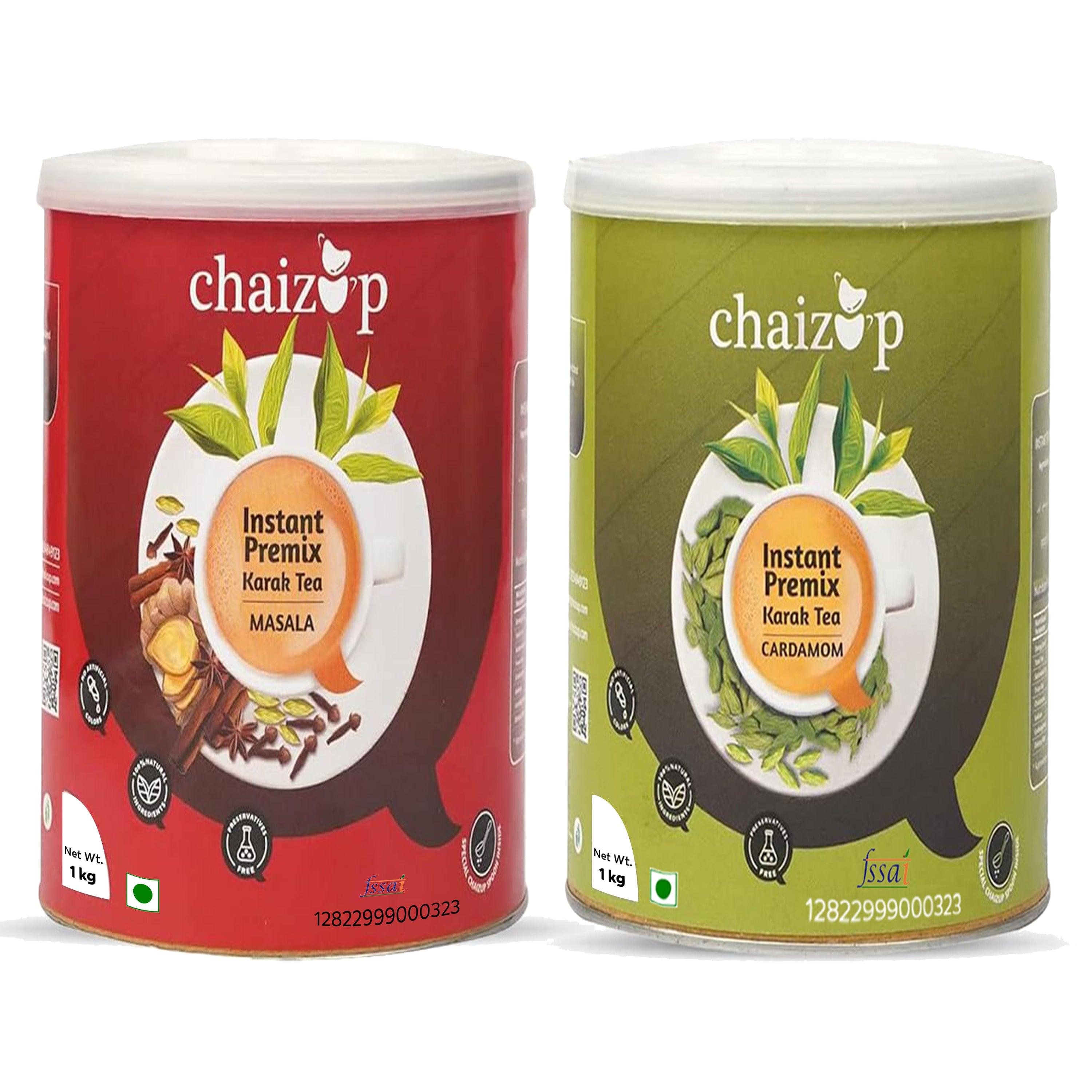 Chaizup Premium 1 Min Instant Assorted Tea Pack - 1kg Cans (Pack of 2) | Cardamom & Masala Flavours | Approx. 144 Servings | 2kg